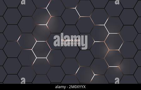 Dark gray hexagonal technology vector abstract background. Bright energy flashes under hexagon in modern technology futuristic background vector Stock Vector