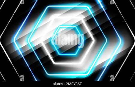 Neon multicolor hexagon on black background. Glowing honeycomb geometric shapes with shining effects. Neon hexagonal frames. Vector illustration Stock Vector