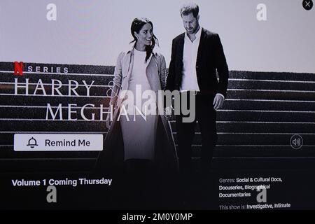 London, UK. 8th Dec, 2022. Viewers tuned in to watch the much-anticipated release of volume one of Harry & Meghan, a two part documentary released today about the Duke and Duchess of Sussex that has been met with some controversy. Credit: Aldercy Carling/ Alamy Live News Stock Photo