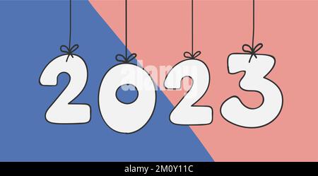 White text 2023 holiday word hanging on the ropes. Happy new year. Stock Vector