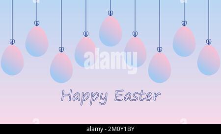 Easter greeting with hanging eggs. Pink and blue pastel gradient background. Stock Vector