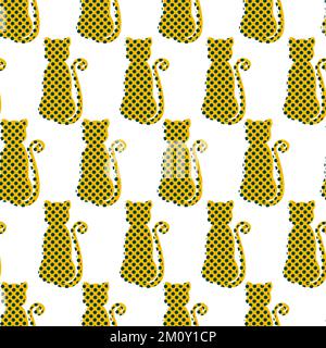 Yellow cats silhouettes with dots vector seamless pattern Stock Vector