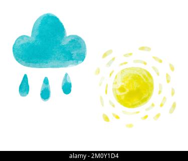 Hand drawn watercolor yellow sun and blue clouds. Isolated on white. Elements for kids textile, wrapping paper, weather surface design, background. Stock Photo