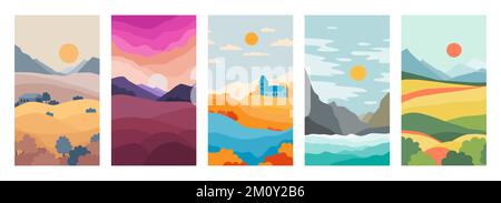Different natural landscapes, field, forest, mountains, river, sea. A set of five vertical orientation illustrations for 16x9 phone screens. Flat Stock Vector