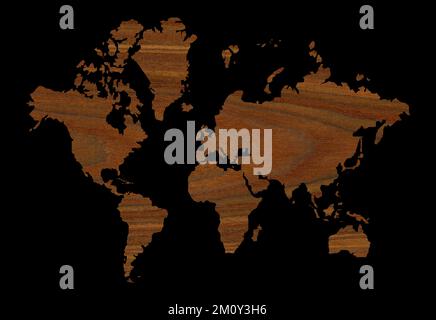 Detailed decorative world map cut from wood texture rosewood, transparent world map showing continents, isolated on black background Stock Photo