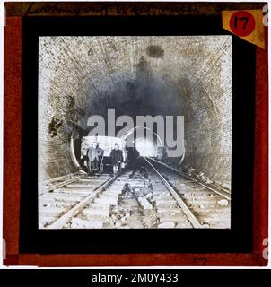 Digitised archive copy of an original glass Magic Lantern slide.  Photographer unknown.  Shows workers during construction of Chipping Sodbury Tunnel on the Great Western Railway.  Now part of the South Wales Main Line.  c 1900. Stock Photo