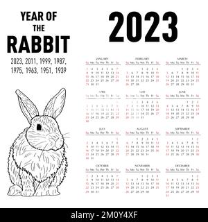 Calendar for 2023 year of the rabbit according to the Chinese calendar. Vector illustration. Stock Vector