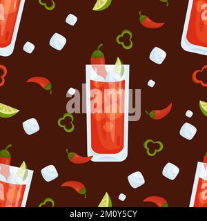 Seamless pattern with cocktail. Mexican Vampiro in glass with ice cubes, chili peppers and lime on black background. Vector illustration. Pattern with Stock Vector