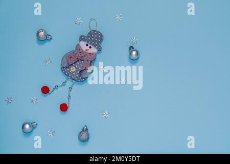 Merry Christmas Christmas flat lay. Stylish Christmas border with holiday decorations on a blue background. Seasons greeting card template, place for Stock Photo