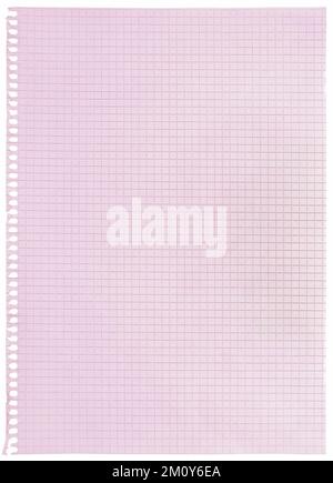 Checked spiral notebook page paper background, old aged isolated pink chequered ring binder sheet flat lay A4 copy space, vertical squared pattern Stock Photo
