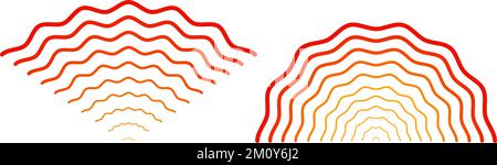 Red rippled wave signals. Sonar or sound wavy lines. Epicentre, target, radar, vibration element concepts. Radio pulsating signal.  Stock Vector
