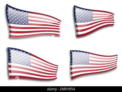 Set of American flags from variant views on white background. Every American flag can be used separately and easily editable. Stock Vector
