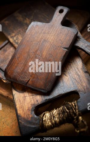 Stacked kitchen cutting boards view Stock Photo