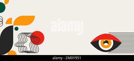 Bauhaus geometric web banner. Abstract design with different shapes and eyes. Stock Vector