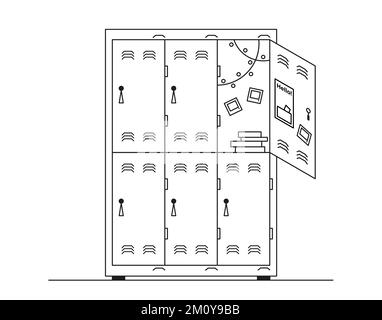 Five closed school lockers and one open drawing in line art style. Black and white vector illustration. Stock Vector