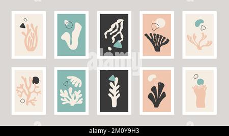 Set of ten abstract posters drawing in Henry Matisse style. Nature shapes, corals in drawing in pink, green, and gray colors. Stock Vector