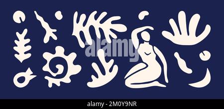 Banner with white hand-drawn sea shapes in Matisse style on blue background. Stock Vector