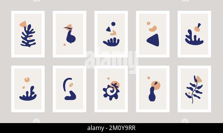 Set of ten abstract posters drawing in Henry Matisse style. Nature shapes, corals in blue and yellow color. Stock Vector