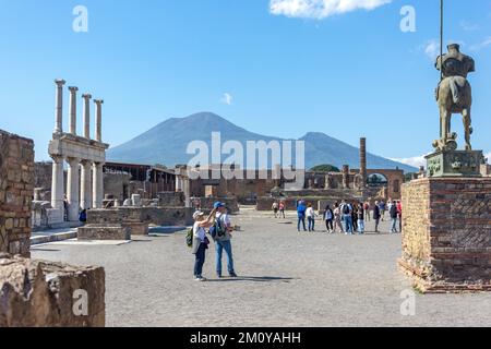 Statue of the Centaur with Mount Vesuvius behind, The Forum, Ancient City of Pompeii, Pompei, Metropolitan City of Naples, Campania Region, Italy Stock Photo