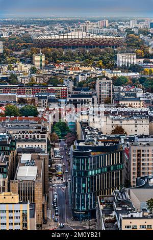 Warsaw Poland. View of Zlota Street and Kazimierza Brokla Street and the PGE National Stadium. Stock Photo