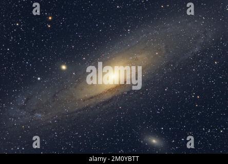 The Andromeda Galaxy, also known as Messier 31 and the satellite galaxies M32 and M110. Star map of the sky Stock Photo
