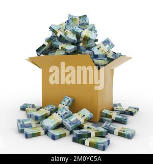 3d rendering of cardboard box full of Kuwaiti dinar notes isolated on a white background Stock Photo