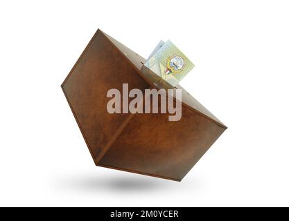 Kuwaiti dinar notes inside wooden savings box. Generic savings Bank, Penny Bank, Money Box. 3d rendering Stock Photo