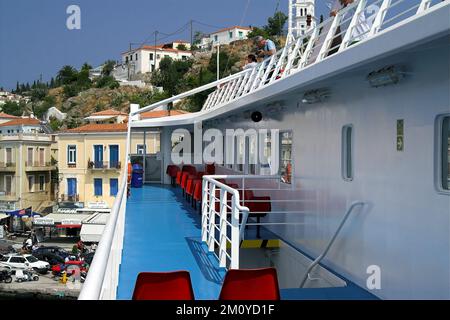 Poros, Πόρος, Grecja, Greece, Griechenland; Passenger ferry deck; Deck der Passagierfähre; Cubierta del transbordador de pasajeros; Pokład promu Stock Photo