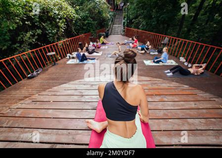 Group of young sporty people practicing yoga lesson with instructor, Stock Photo