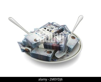 3D rendering of Saudi riyal notes on plate. Money spent on food concept. Food expenses, expensive meal, spending money concept. eating money, misuse o Stock Photo