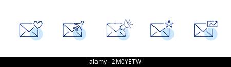 Set of 5 mail icons. Add to favorites, like, international delivery, marketing promotion, stats. Pixel perfect, editable Stock Vector