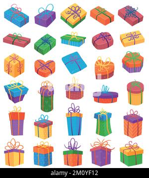 Pack of hand drawn vector illustrations of simple closed wrapped gift boxes, various shaped and sized packages. Stock Vector
