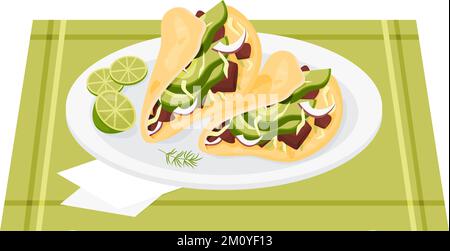 Mexican beef tacos with vegetables. Traditional popular Mexican dish crispy tortilla filled lies on plate with lime slices. Vector illustration of Lat Stock Vector