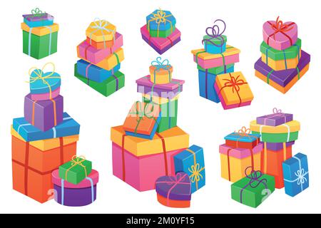 Hand drawn vector illustrations of piles of simple, colorful, closed wrapped gift boxes. Stock Vector