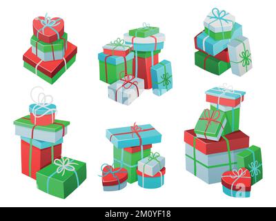 Hand drawn vector illustrations of piles of simple closed wrapped gift boxes in christmas themed colors. Stock Vector