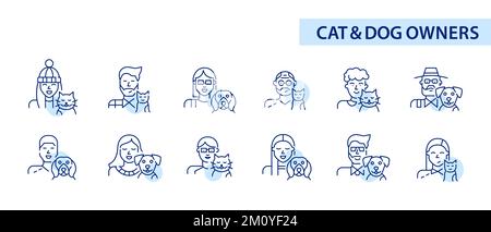 Set of cat and dog owners of different ages icons. Pixel perfect, editable stroke design Stock Vector