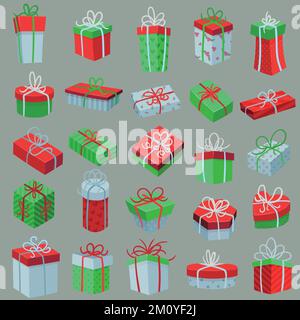 Pack of hand drawn vector illustrations of wrapped gift boxes in christmas themed colors and patterns. various shaped and sized packages. Stock Vector