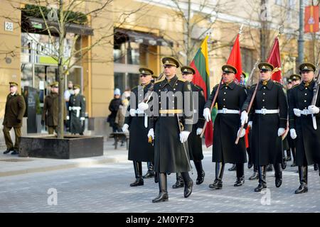 VILNIUS, LITHUANIA - MARCH 11, 2022: Festive parade as Lithuania marked the 32th anniversary of its independence restoration. Parade participants carr Stock Photo