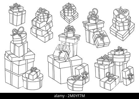 Hand drawn vector illustrations of piles of simple, colorful, closed wrapped gift boxes. Black outlines for coloring. Stock Vector