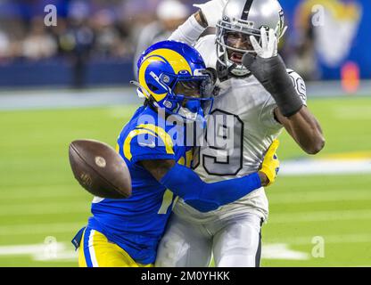 Los Angeles Rams wide receiver Tutu Atwell (15) makes a catch against  Dallas Cowboys cornerback Trevon Diggs (7) during a NFL game, Sunday,  October 9, 2022, at SoFi Stadium, in Inglewood, CA.