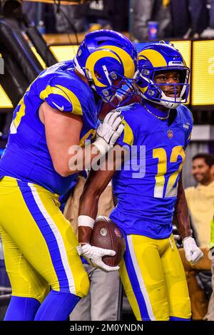 Inglewood, CA. 8th Dec, 2022. Los Angeles Rams wide receiver Van Jefferson  #12 makes the catch for the go ahead touchdown as Las Vegas Raiders  cornerback Sam Webb #27 defends in action