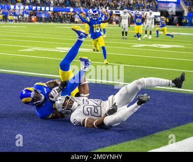 Inglewood, United States. 08th Dec, 2022. Los Angeles Rams wide receiver Van Jefferson (12) and Las Vegas Raiders cornerback Sam Webb (27) tumble into the end zone with the game winning touchdown pass during the second half of a game between the Los Angeles Rams and the Las Vegas Raiders at SoFi Stadium in Inglewood CA, Thursday December 8, 2022. Photo by Mike Goulding/UPI Credit: UPI/Alamy Live News Stock Photo