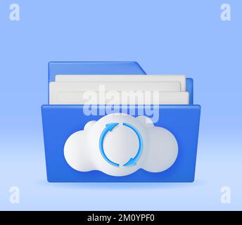 3D Blue Folder in Clouds with File Sync Icon Stock Vector