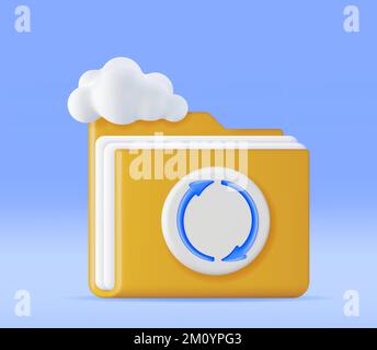 3D Folder in Clouds with File Sync Icon Stock Vector