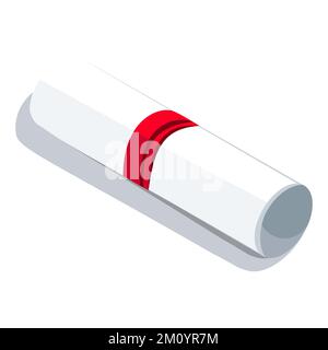 Certificate Roll. with tied red ribbon Isometric Icon vector illustration. Stock Vector