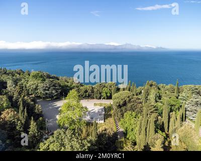 Aerial View of Livadia Palace - located on the shores of the Black Sea in the village of Livadia in the Yalta region of Crimea. Livadia Palace was a Stock Photo