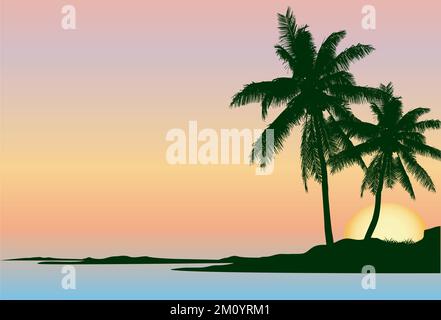 view of sunset over tropical island with two coconut trees silhouetted Stock Vector