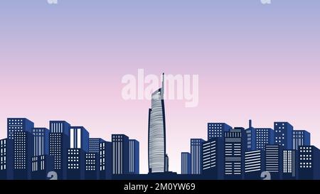 An illustration of city buildings with lots of windows and tall towers ...