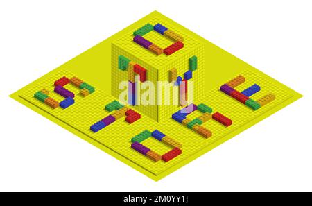 Isometric toy bricks inscription TOY STORE. Horizontal emblem or advertising sign for designing of children websites and toy shop. Realistic 3D vector Stock Vector