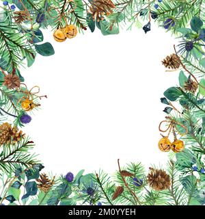 Watercolor Christmas Rustic Frame Clipart. Christmas Tree, Bells & Pine Cones, Eucalypt Winter Border isolated, Greenery Background in minimalism Stock Photo